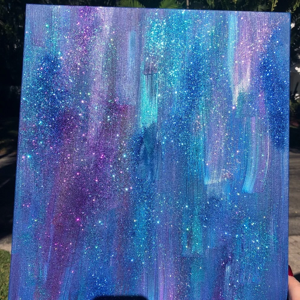 HANDCRAFTED BLUE/PURPLE/GREEN ABSTRACT STARRY NIGHT GLITTER ART